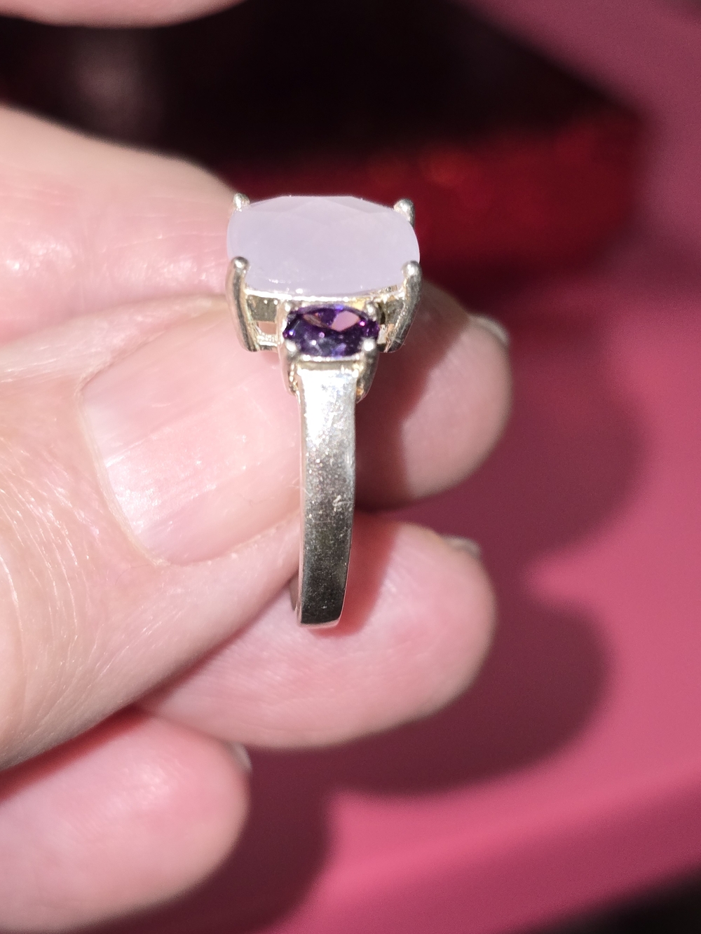Sterling Silver Lavender Chalcedony & Amethyst Three-Stone Ring Size 7 - Picture 5 of 9